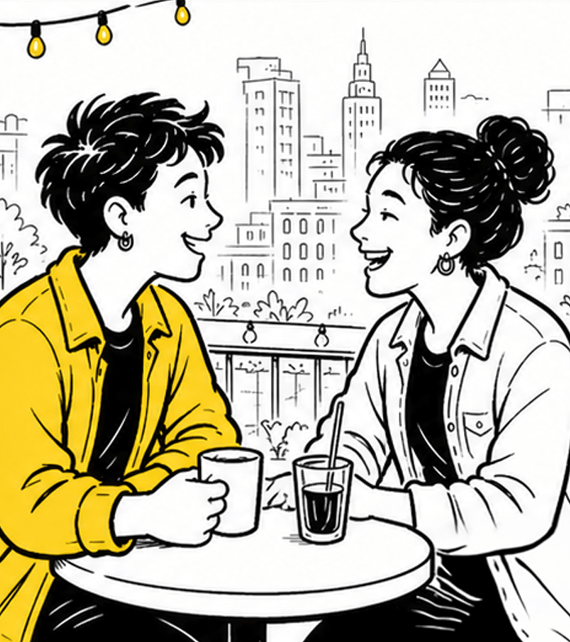 A little later, they meet at the café